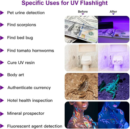 Black and silver handheld UV LED flashlight for detecting stains and insects.