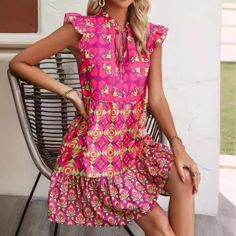 Printed sleeveless V-neck lace-up summer dress in rose red