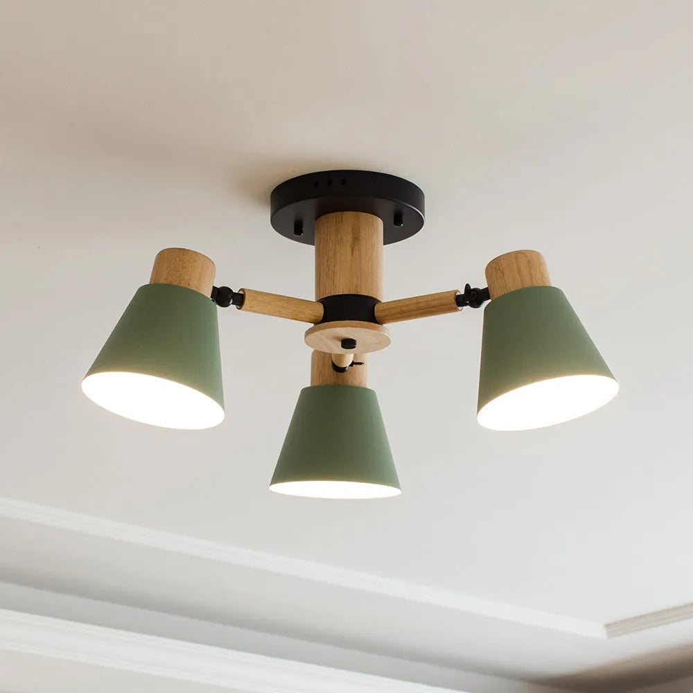 Nordic Macaron ceiling lamp with ironwood construction and multiple light heads in various colour options