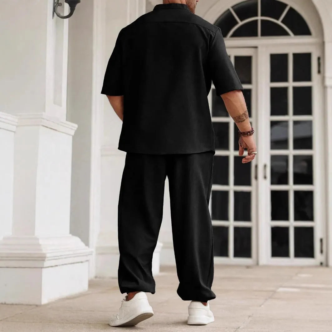 Men's casual short-sleeved button shirt and trousers set in cotton linen fabric