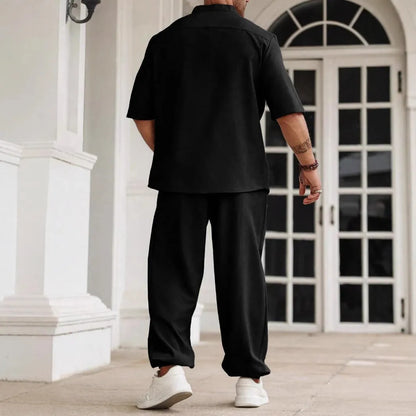 Men's casual short-sleeved button shirt and trousers set in cotton linen fabric