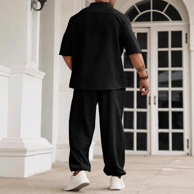 Men's Casual Cotton and Linen Button Short-Sleeved Shirt and Trousers Set - Two-Piece Leisure Outfit in Black, Grey or Apricot - Available in Sizes M to XXXL - Lightweight Fabric for Spring Wear