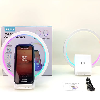 White wireless charging Bluetooth speaker with ambient lighting, compact rectangular design measuring 225mm x 200mm x 10mm