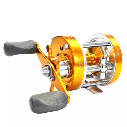 Metal Double Brake Drum Leiqiang Wheel Boat Fishing Reel in gun color, gold, and blue options