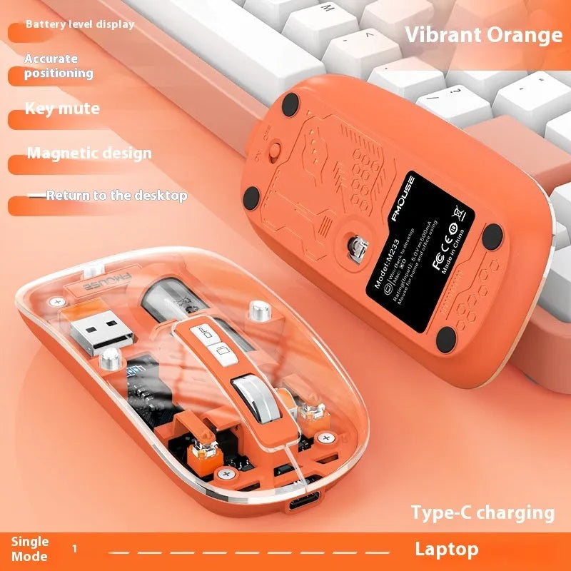 Transparent wireless computer mouse showing internal components with USB connection