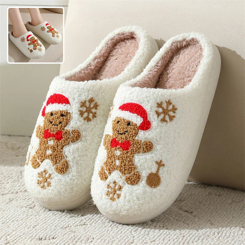 Cozy plush gingerbread slippers with festive snowflake patterns, designed for comfortable indoor wear during the winter season.