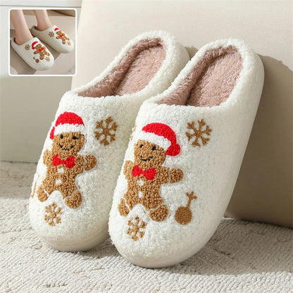 Cozy plush gingerbread slippers with festive snowflake patterns, designed for comfortable indoor wear during the winter season.