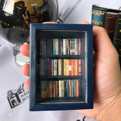 Handcrafted mini bookshelf made of wood with 60 miniature books for stress relief and mindfulness