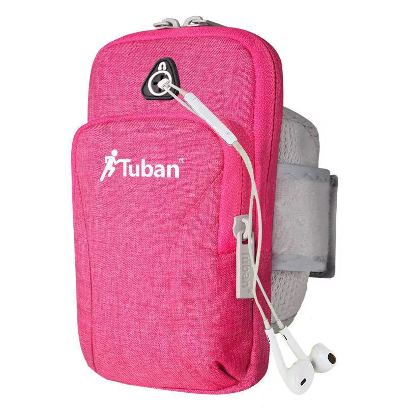 Running phone arm bag in blue and pink, adjustable strap, durable Oxford cloth