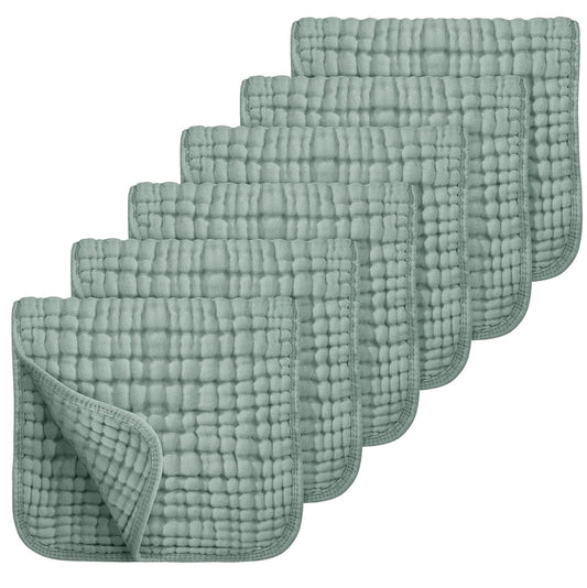 Six muslin burp cloths in assorted colours, showing 25x50cm size and cotton texture