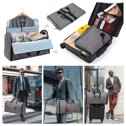Dark blue folding duffel bag with carrying handles, shown open to display main compartment.