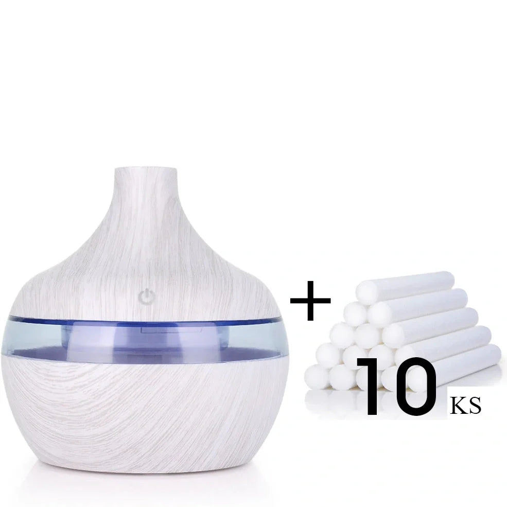 Yellow wood grain USB humidifier measuring 110x110mm with 300ml water tank and LED lighting