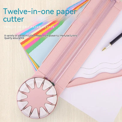 Pink 12-in-1 paper cutter with dotted guides measuring 46.2cm length on craft table