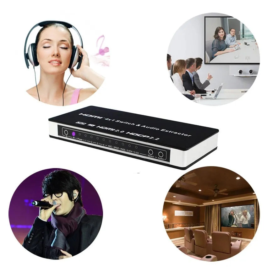 Black HDMI audio-video switch with remote control showing four inputs and one output