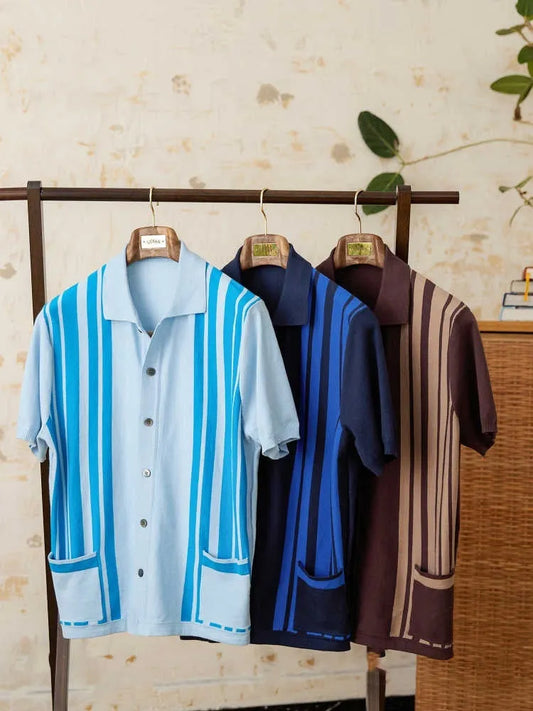 Short-sleeved knitted cardigan polo shirt in royal blue with lapel collar and striped pattern, sizes M to 3XL