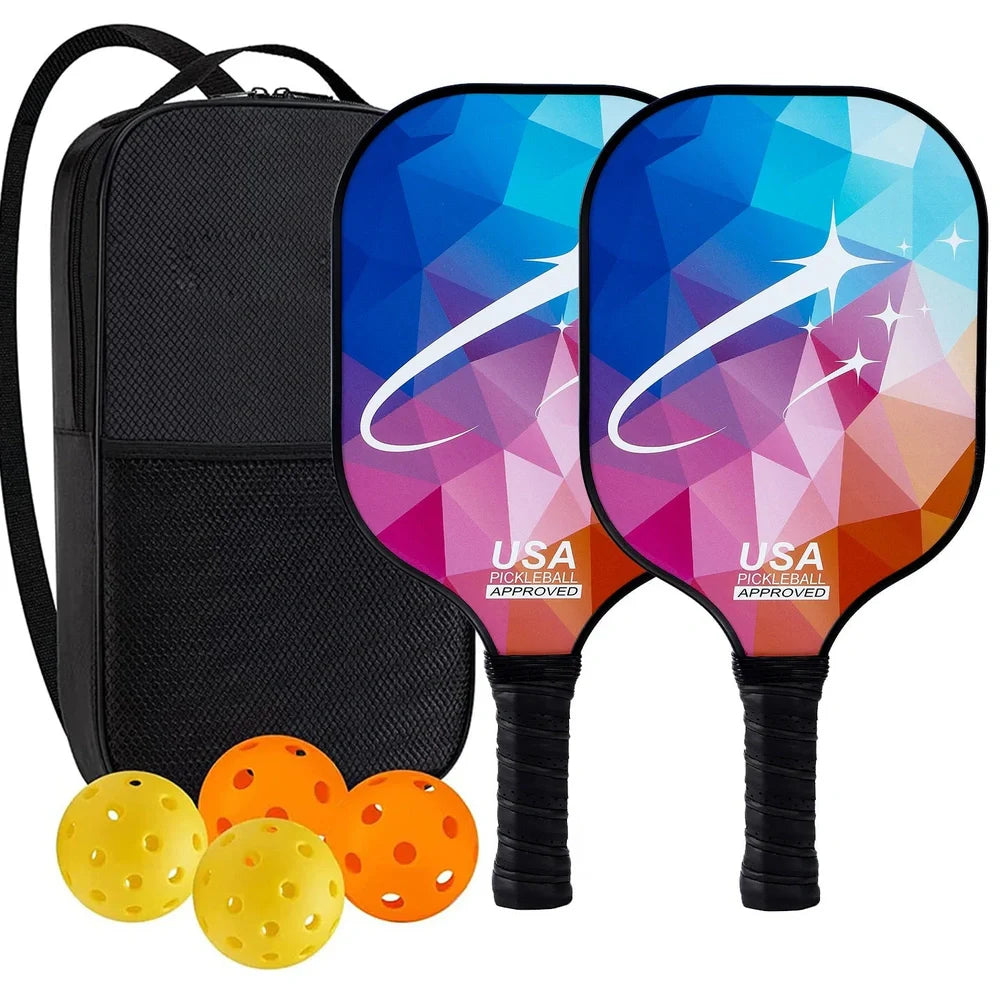 Peak Racket fibreglass squash set showing two rackets and four balls for complete playing equipment