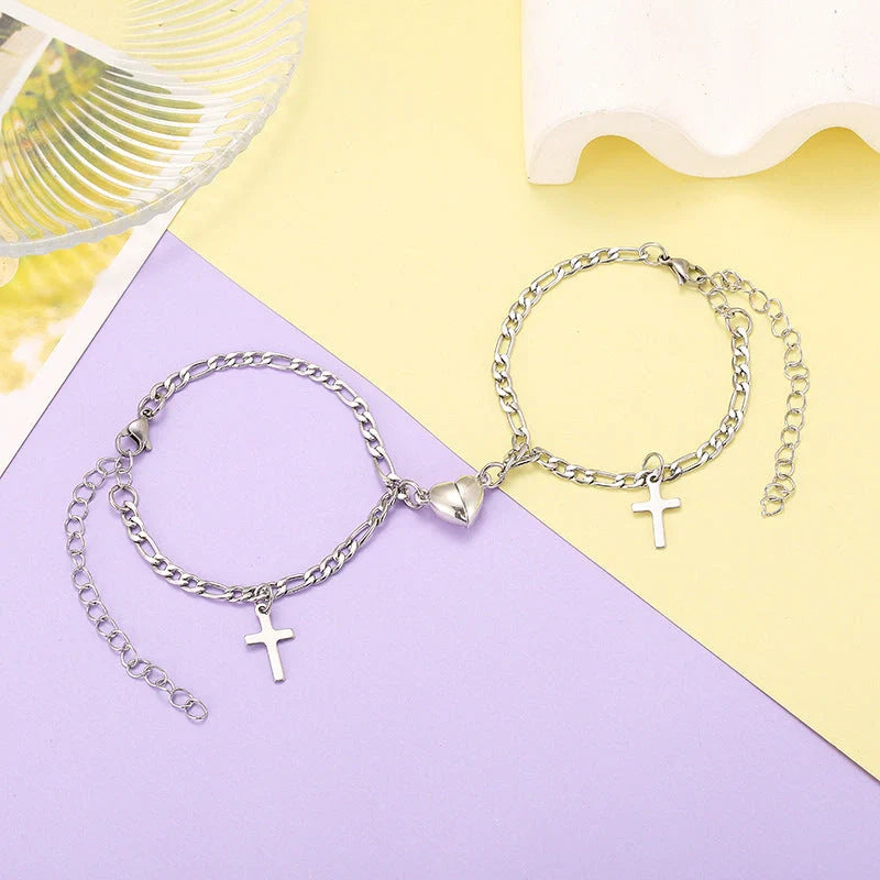 Stylish heart-shaped couple's bracelets with delicate floral accents made of durable iron chain