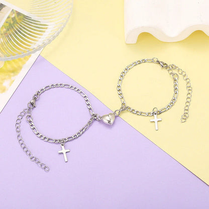 Stylish heart-shaped couple's bracelets with delicate floral accents made of durable iron chain