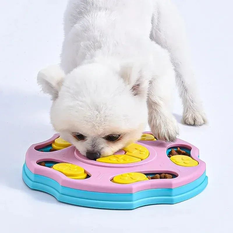 Blue dog puzzle feeder toy with food compartments and interactive searching games