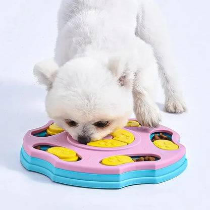 Blue dog puzzle feeder toy with food compartments and interactive searching games