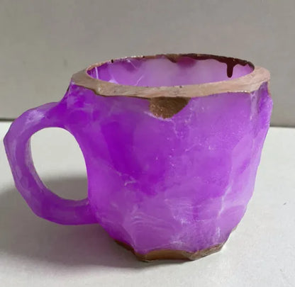 400ml resin mineral crystal coffee mug with handle in assorted colours including purple, blue, and pink.