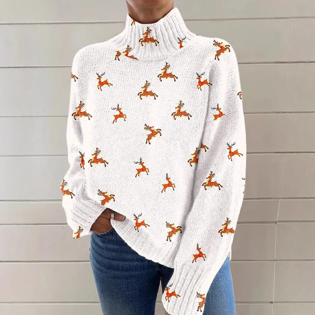 Women's Christmas printed turtleneck sweater with painting pattern and macaron colours, loose fit design