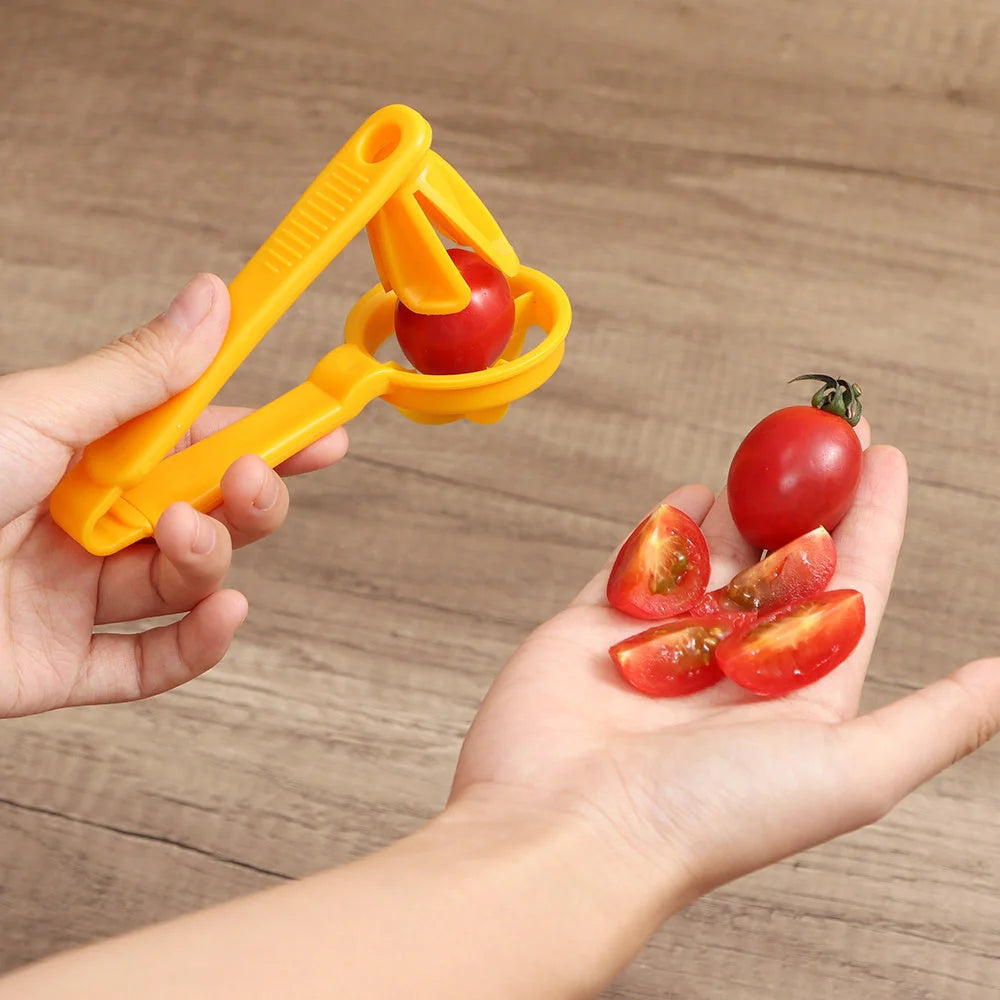 Manual tomato slicer with serrated knife for even dicing, compact design