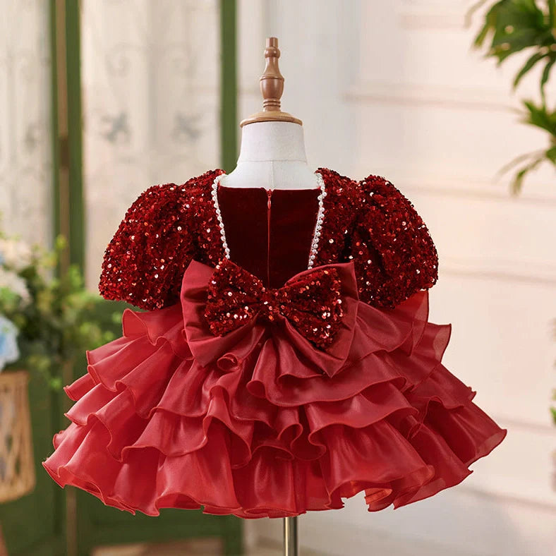 Wine red polyester princess dress for girls' birthday celebrations with height options from 80cm to 160cm