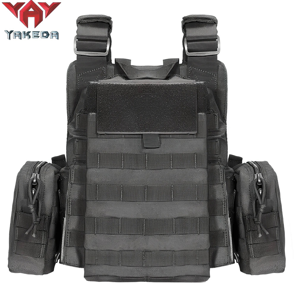 Combat camouflage tactical vest with adjustable waist showing 600D polyester construction and multiple pattern options