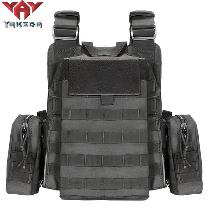 Combat camouflage tactical vest with adjustable waist showing 600D polyester construction and multiple pattern options
