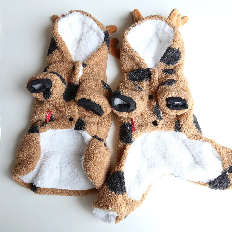 Polka dot elk design pet clothing for cat or dog, shown in four-leg and skirt style options.