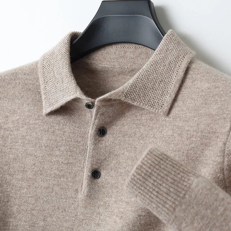 Men's wool sweater with a polo collar and long sleeves, shown in one of seven available colours.