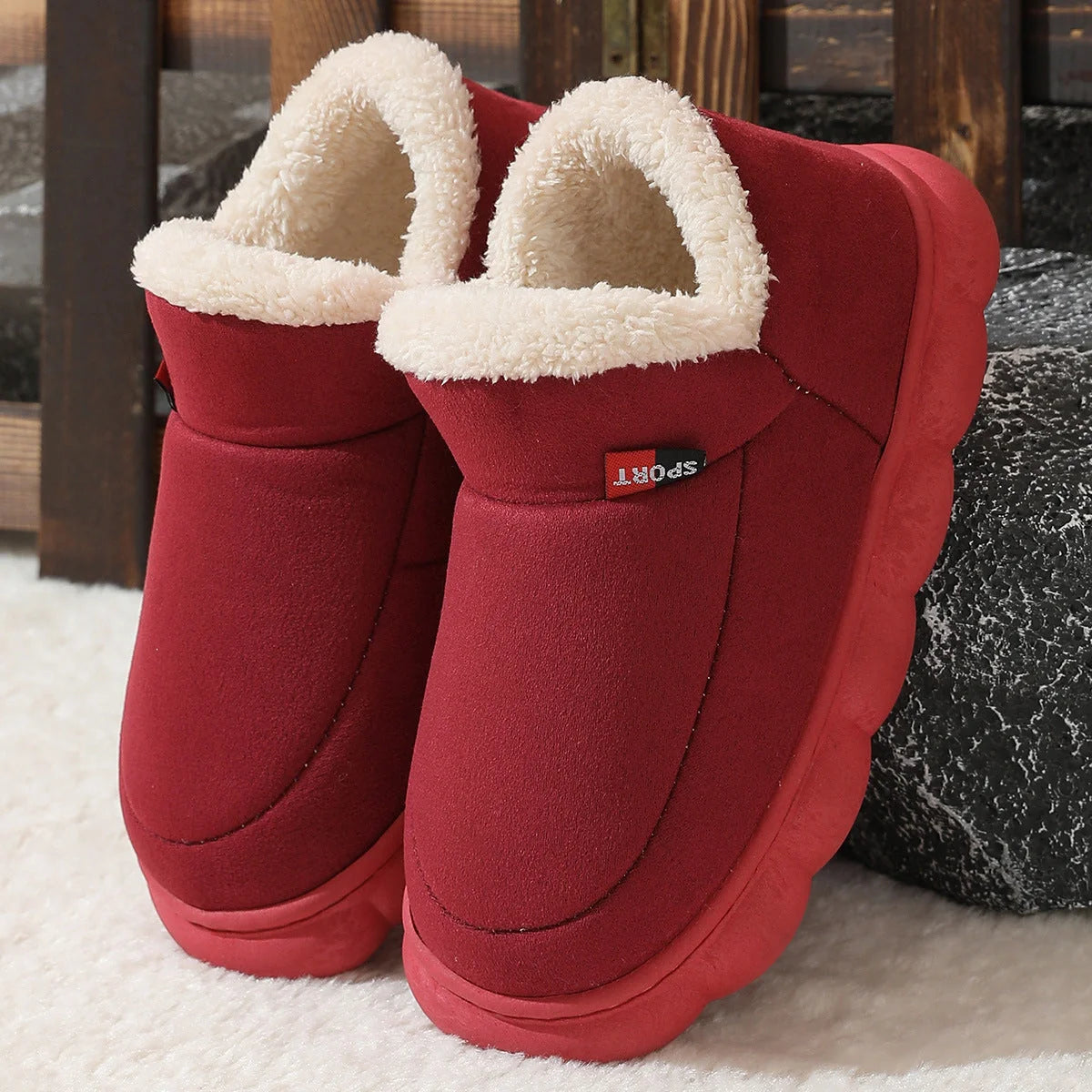 Cozy plush house slippers with soft velvet upper, warm suede lining, and thick rubber soles for indoor and light outdoor wear