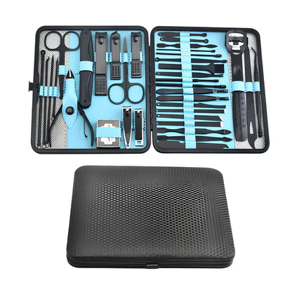 Beauty manicure nail care kit with stainless steel tools in red PU leather case weighing 397g