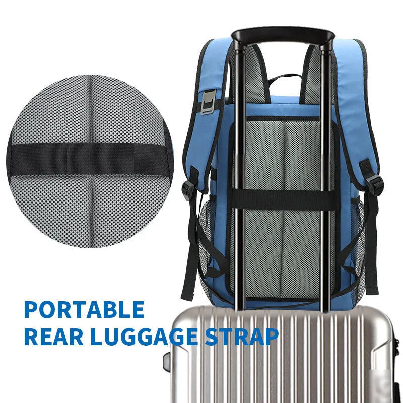 Insulated black cloth backpack with mounted bottle opener on shoulder strap