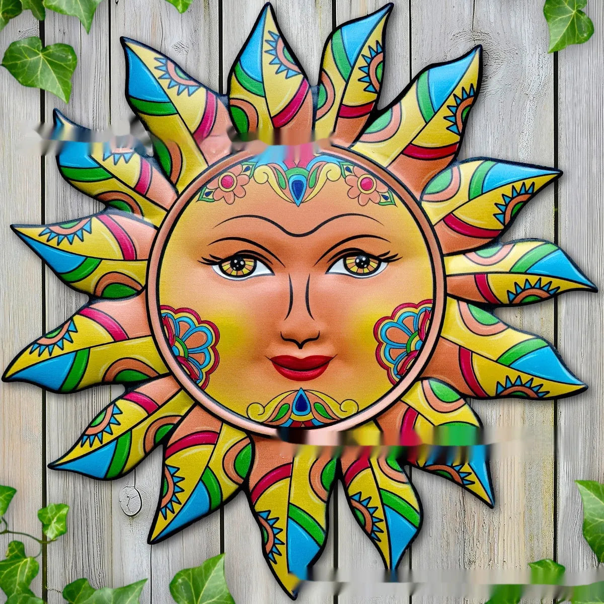 Iron sun face decorative wall hanging with circular design and raised pattern, approximately 30cm diameter
