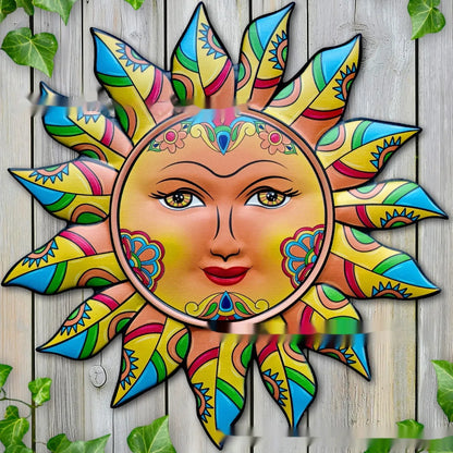 Iron sun face decorative wall hanging with circular design and raised pattern, approximately 30cm diameter