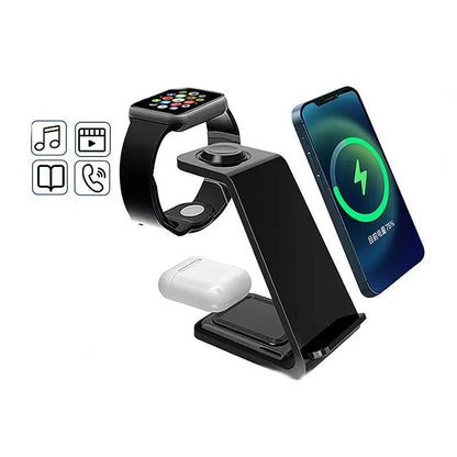 White 3-in-1 wireless charger with upright phone holder charging smartphone, earbuds, and smartwatch simultaneously