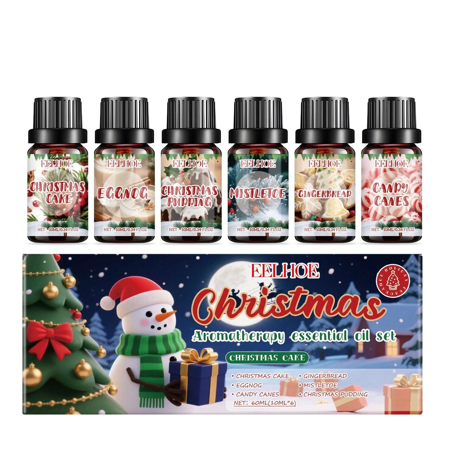 Christmas aromatherapy oil set showing six 60ml bottles with festive packaging for home fragrance