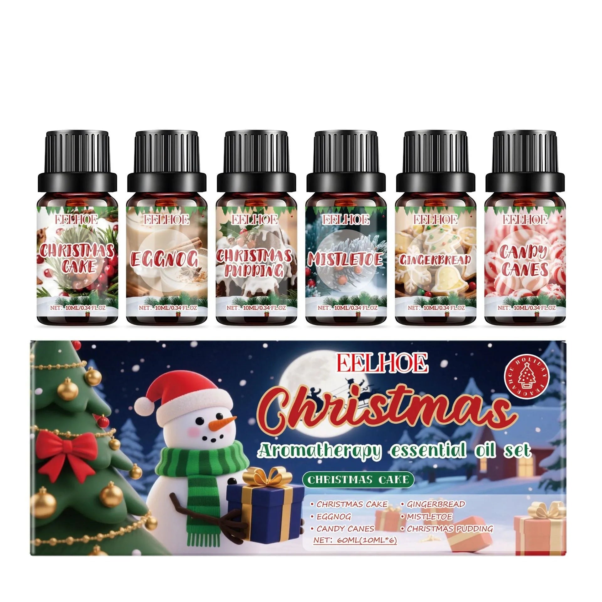 Christmas aromatherapy oil set showing six 60ml bottles with festive packaging for home fragrance