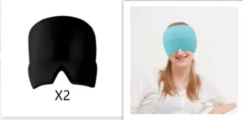 Black elastic cooling gel eye mask for headache relief placed on a forehead.