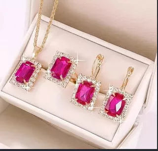 Elegant alloy crystal jewelry set with necklace, earrings, and ring in various colors