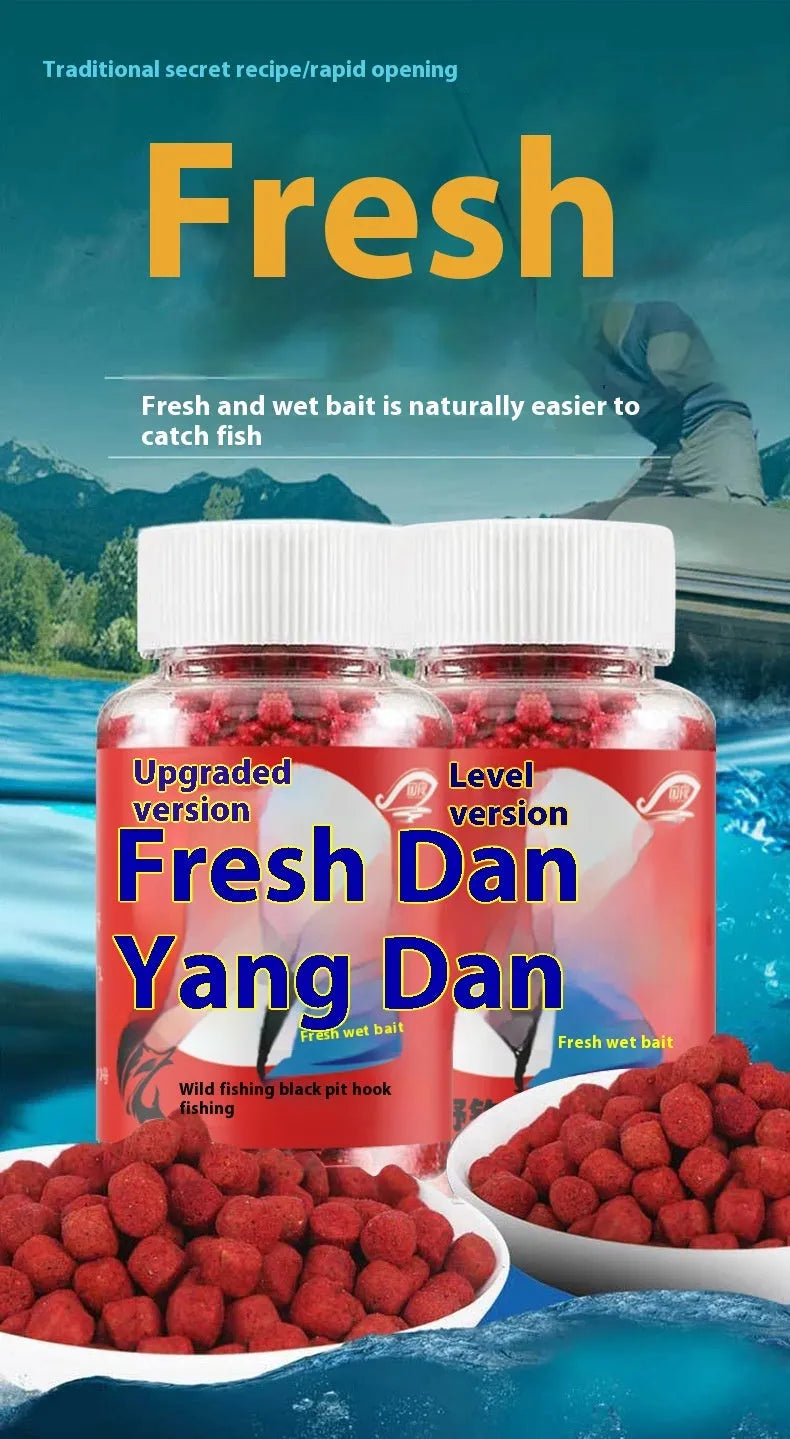 Bottle of grass green lazy particle fishing bait with fresh red pellets for crucian carp