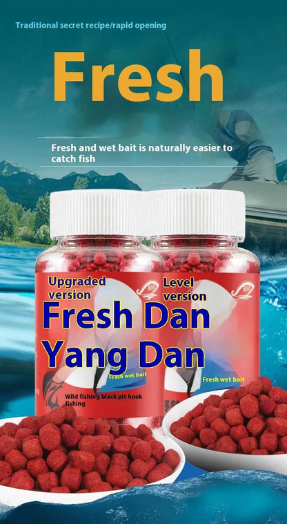 Bottle of grass green lazy particle fishing bait with fresh red pellets for crucian carp