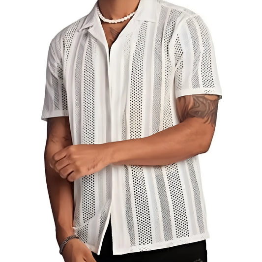 Men's white knitted short-sleeve shirt with button front and jacquard texture