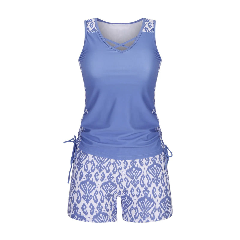Women's high-waisted swimsuit with separate tied top, available in black, blue, sky blue, green, gray black, pink, dark blue, and gray, sizes S, M, L, XL, and 2XL, with briefs-style bottoms and a polyester lining.