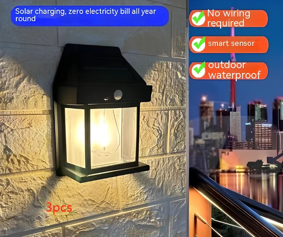 Black solar garden wall lamp with waterproof IP65 rating and automatic light sensor for outdoor installation