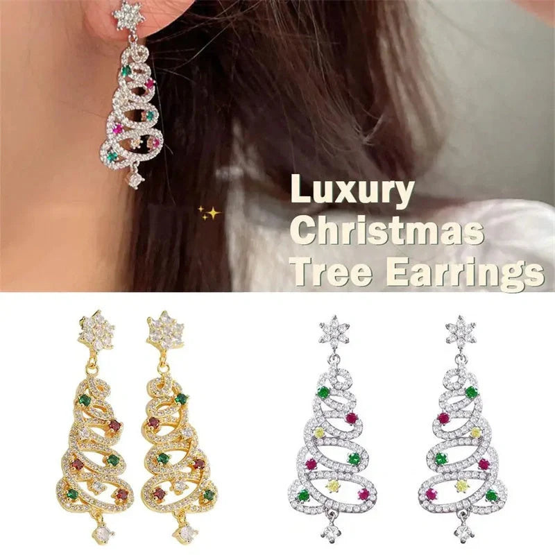 Colorful zircon Christmas tree tassel earrings for women, available in white K and gold.