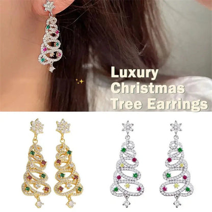 Colorful zircon Christmas tree tassel earrings for women, available in white K and gold.