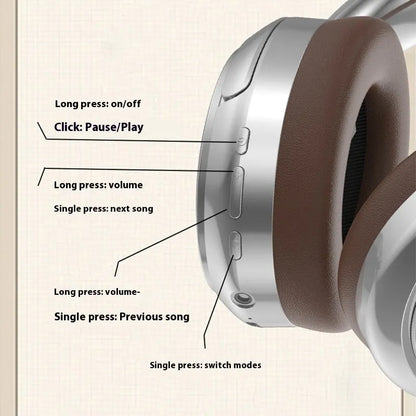 Retro style Bluetooth headphones with metal frame in brown, silver, or black colour